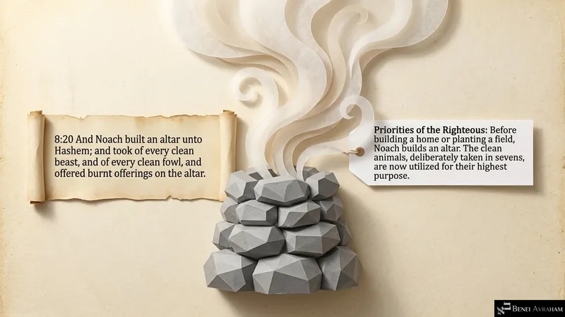 Noach builds an altar to Hashem and offers clean animals and birds (Genesis 8:20)