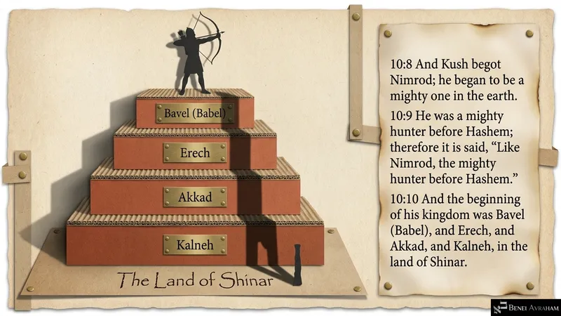 Nimrod, the mighty hunter, and his kingdom in the land of Shinar (Genesis 10:8–10)