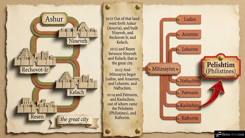 Ashur builds Nineveh; the sons of Mitzrayim and the origin of the Pelishtim (Genesis 10:11–14)