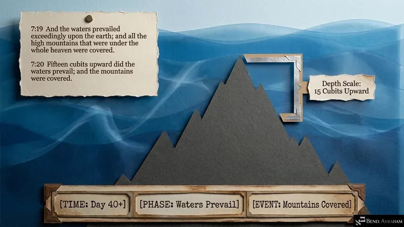 The waters prevail fifteen cubits upward and the high mountains are covered (Genesis 7:19–20)