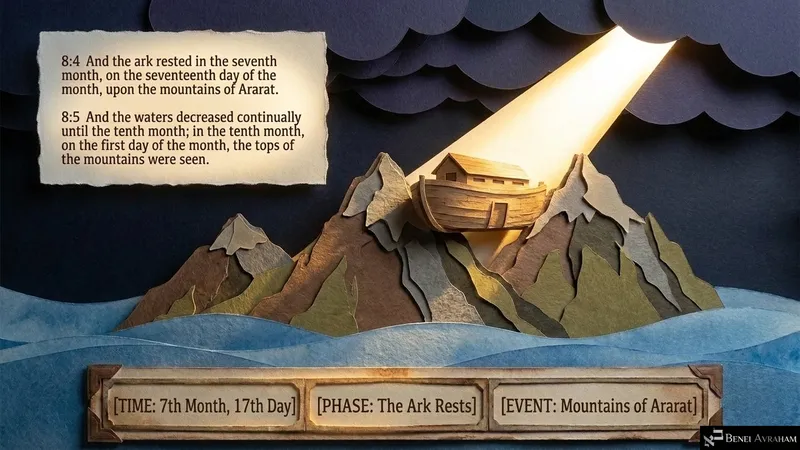 The ark rests on the mountains of Ararat, and the tops of the mountains are seen (Genesis 8:4–5)