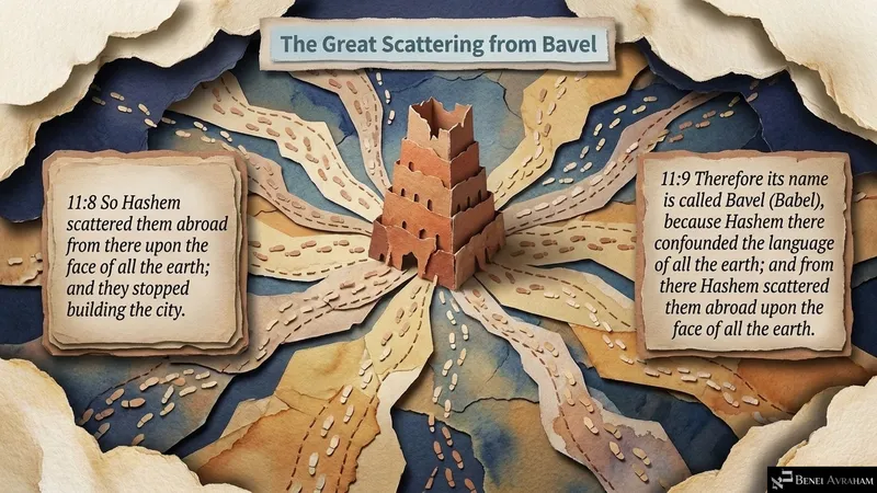 The great scattering from Bavel: Hashem scatters them over the face of all the earth (Genesis 11:8–9)