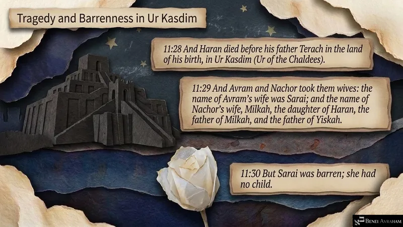 Tragedy and barrenness in Ur Kasdim: Haran dies, Avram marries Sarai, and Sarai is barren (Genesis 11:28–30)