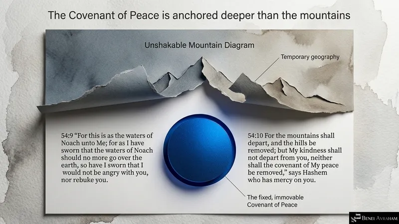 The covenant of peace is anchored deeper than the mountains: “As I have sworn that the waters of Noach should no more go over the earth” (Isaiah 54:9–10)