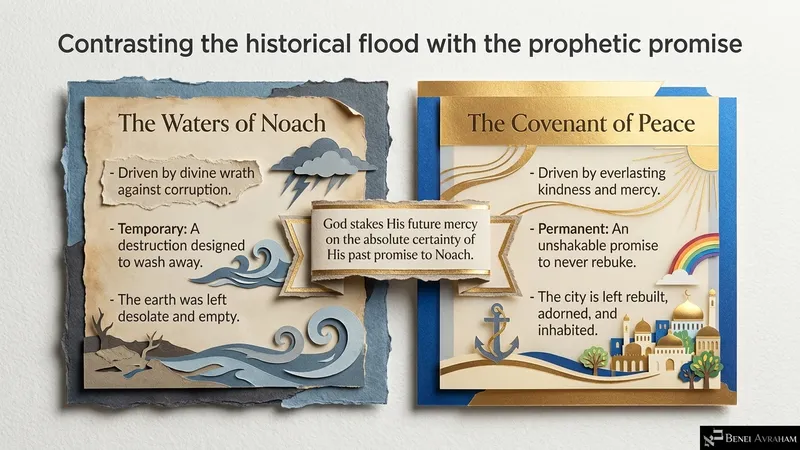 Contrasting the historical flood with the prophetic promise: the waters of Noach and the covenant of peace