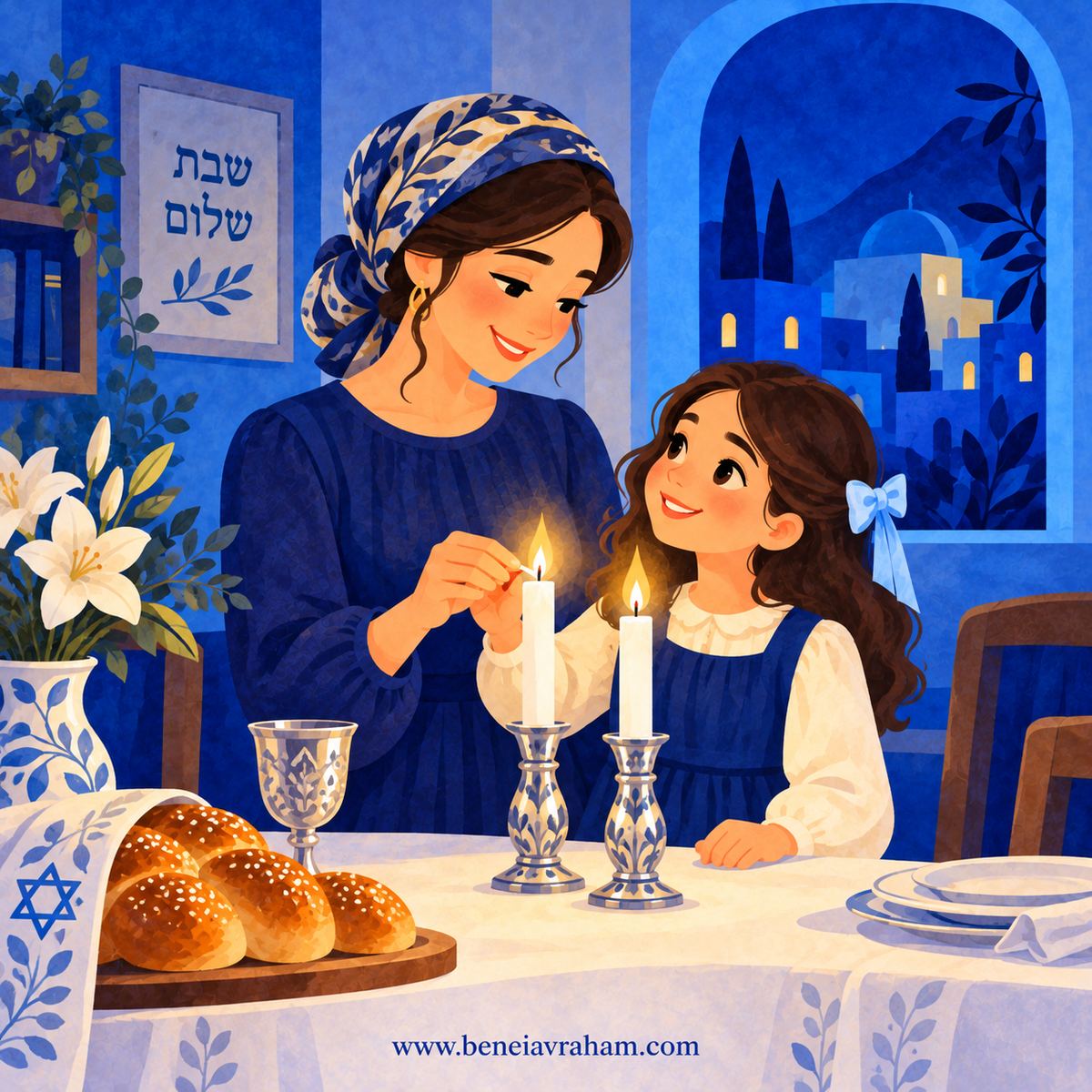 A mother and daughter lighting Shabbat candles together, with challah and a kiddush cup on the table