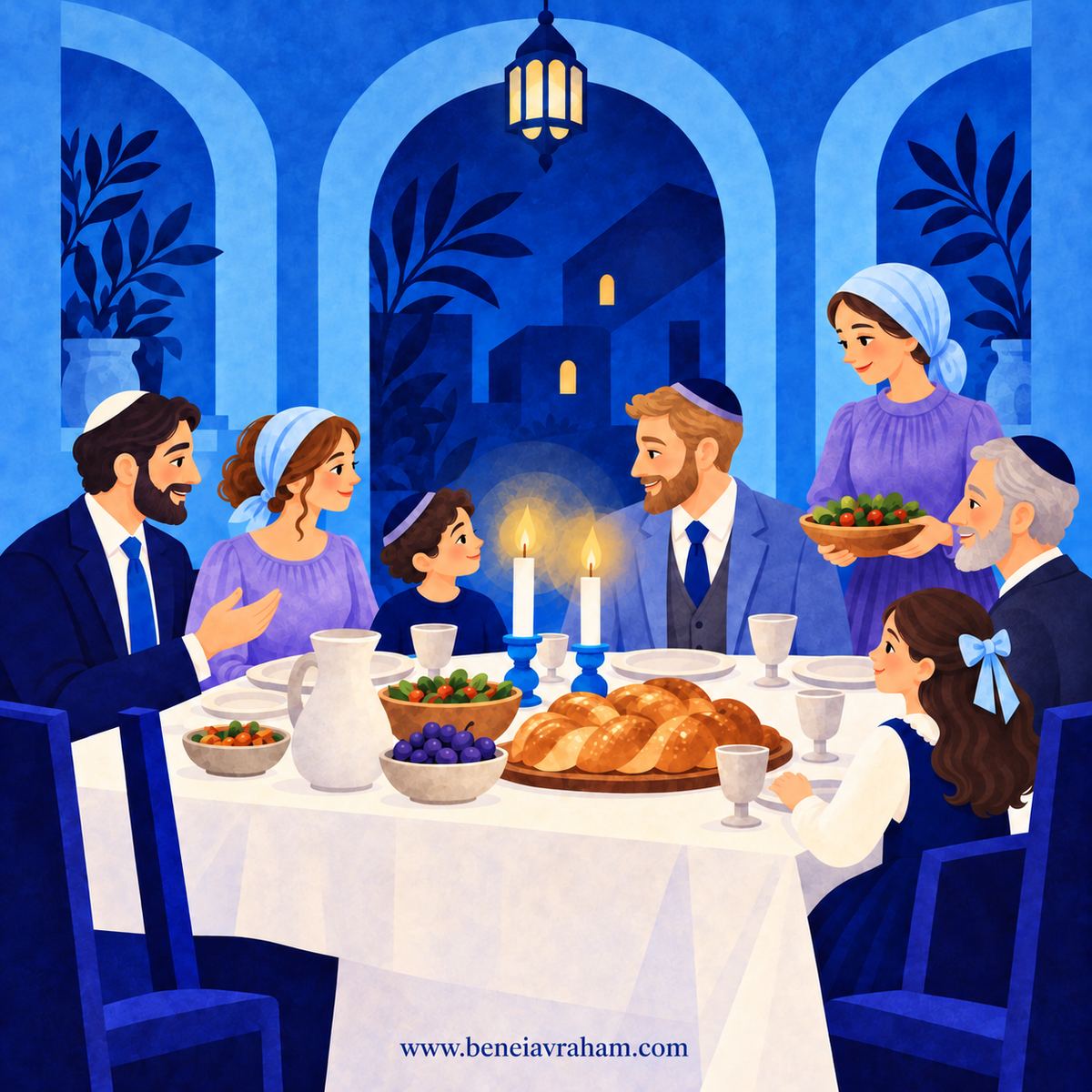 A family sharing Shabbat dinner by candlelight, with challah on the table