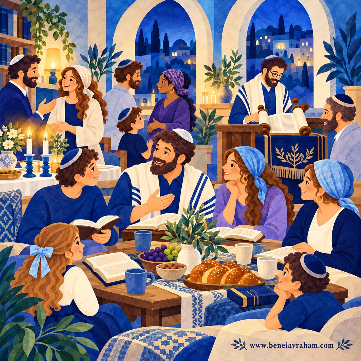 Watercolor of a Shabbat gathering: Torah reading, Shabbat candles, challah on the table, and families studying together