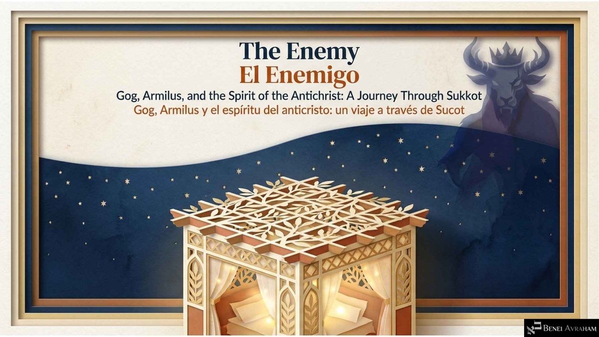 Title slide: "The Enemy / El Enemigo" with the subtitle "Gog, Armilus, and the Spirit of the Antichrist: A Journey Through Sukkot." A glowing paper-cut sukkah sits under a starry night sky while a shadowy horned, crowned beast looms in the top corner.