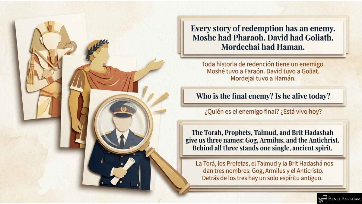 Paper-cut cards of a pharaoh, a Roman emperor and a modern officer under a magnifying glass, beside the text "Every story of redemption has an enemy. Moshe had Pharaoh. David had Goliath. Mordechai had Haman." and "Who is the final enemy? Is he alive today?" A last panel names Gog, Armilus and the Antichrist.