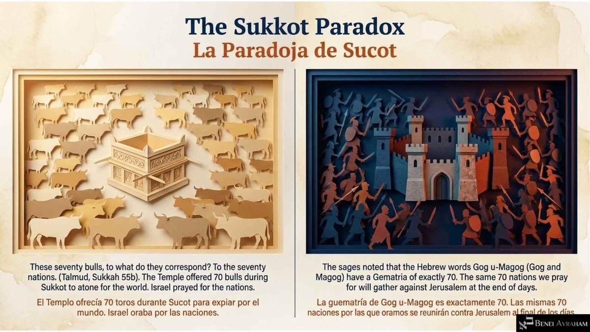 "The Sukkot Paradox": on the left, paper-cut bulls surround the Temple altar, captioned that the seventy bulls correspond to the seventy nations (Sukkah 55b). On the right, armies storm a walled city at night, captioned that "Gog u-Magog" has a gematria of 70 and the same nations will gather against Jerusalem.