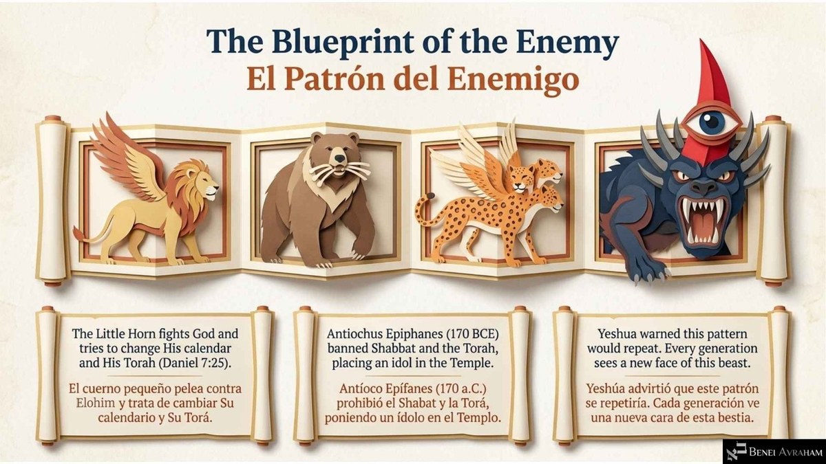 "The Blueprint of the Enemy": a paper-cut scroll shows Daniel's four beasts: a winged lion, a bear, a four-headed leopard and a fanged dark beast with a red horn bearing an eye. Captions say the Little Horn tries to change God's calendar and Torah (Daniel 7:25), Antiochus banned Shabbat, and Yeshua warned the pattern would repeat.