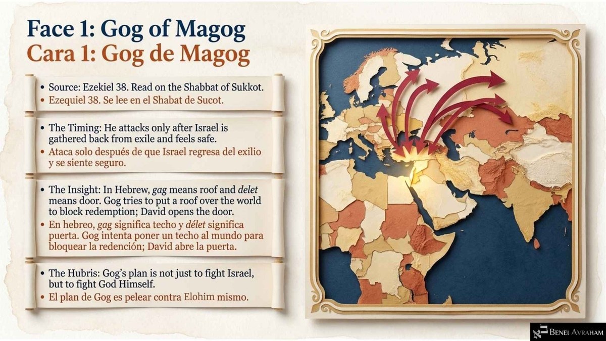 "Face 1: Gog of Magog": a textured paper map of Europe, Africa and Asia with red arrows sweeping from the north toward a glowing Israel. Scroll notes cover Ezekiel 38, the timing after Israel returns from exile and feels safe, gag "roof" and delet "door," and Gog's plan to fight God Himself.