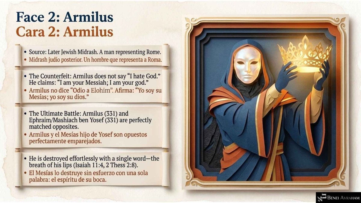 "Face 2: Armilus": a paper-cut hooded figure in a blank white mask reaches for a glowing golden crown. Notes say he is a man representing Rome who claims "I am your Messiah; I am your god," that Armilus (331) and Ephraim/Mashiach ben Yosef (331) are matched opposites, and that he falls by the breath of the Messiah's lips.
