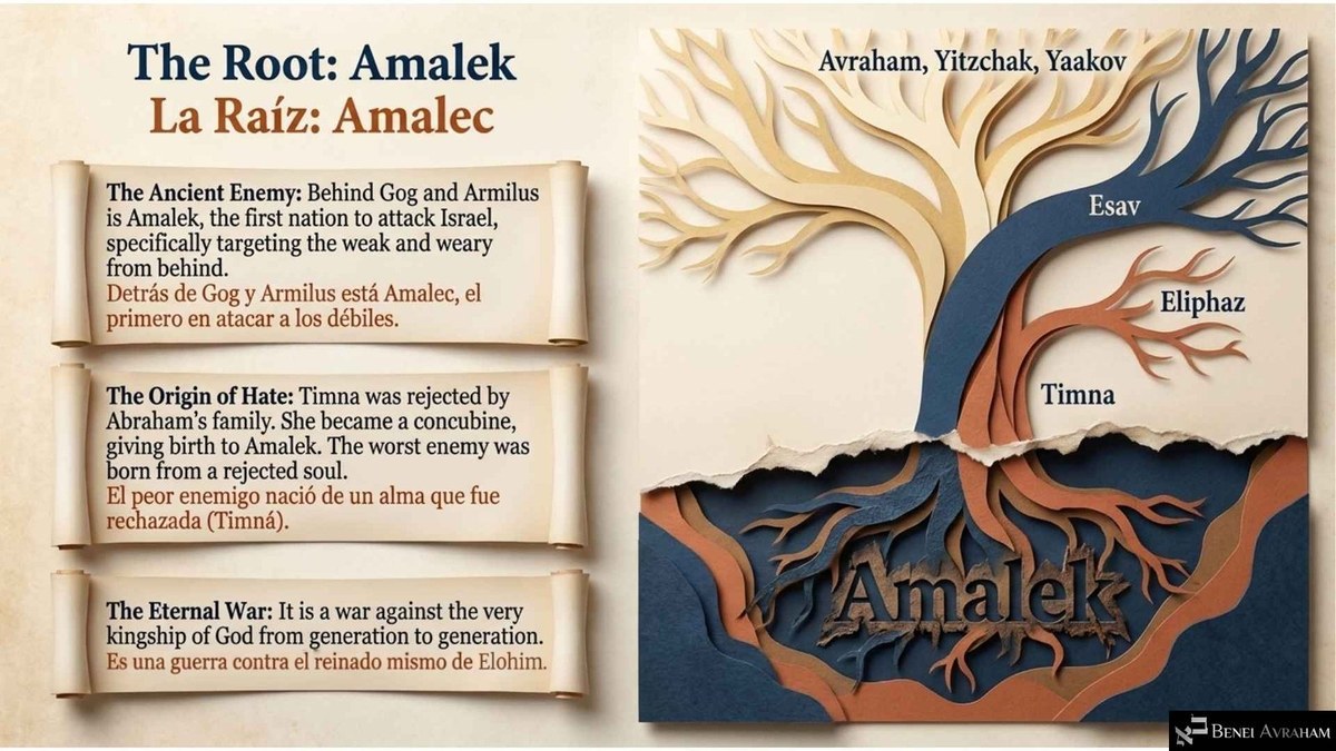 "The Root: Amalek": a paper-cut tree whose pale branches are labeled "Avraham, Yitzchak, Yaakov," while a dark blue branch, "Esav," leads to "Eliphaz" and "Timna," and the roots spell "Amalek." Notes call Amalek the ancient enemy who attacked the weak, born from a rejected soul, at war with the kingship of God.