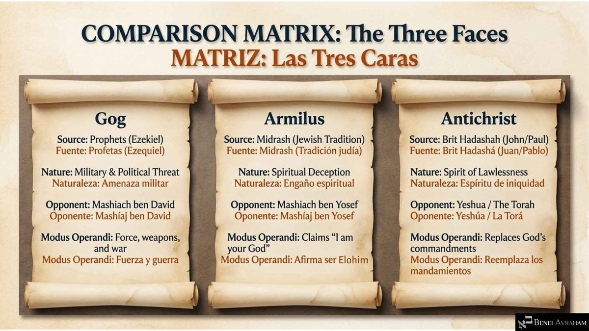"Comparison Matrix: The Three Faces": three parchment scrolls compare Gog (Ezekiel; military and political threat; opponent Mashiach ben David), Armilus (Midrash; spiritual deception; opponent Mashiach ben Yosef; claims "I am your God") and the Antichrist (Brit Hadashah; spirit of lawlessness; opposes Yeshua and the Torah).