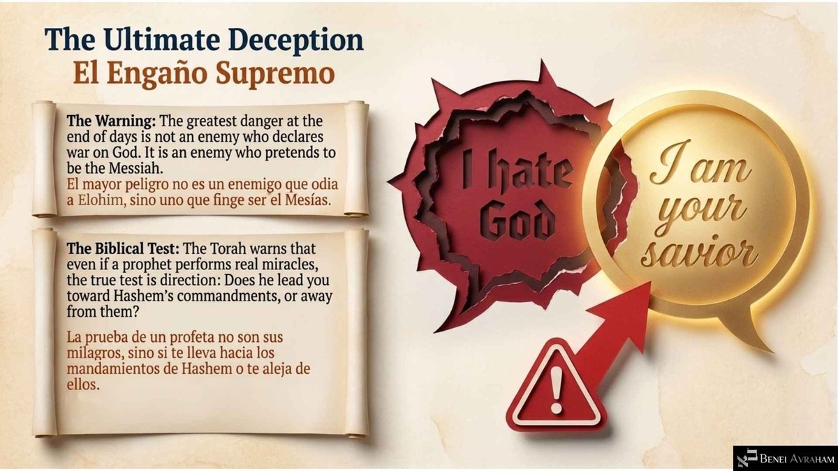 "The Ultimate Deception": a torn red speech bubble reading "I hate God" is overshadowed by a glowing gold bubble reading "I am your savior," beside a red warning sign. Notes say the greatest danger is an enemy who pretends to be the Messiah, and the true test is whether a prophet leads you toward Hashem's commandments.