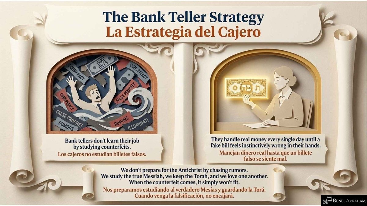 "The Bank Teller Strategy": on the left, a man drowns in scraps labeled "Fake Bills," "Conspiracy," "False Prophet" and "Rumors"; on the right, a calm teller holds a glowing real bill. The caption says we study the true Messiah and keep the Torah, so "When the counterfeit comes, it simply won't fit."