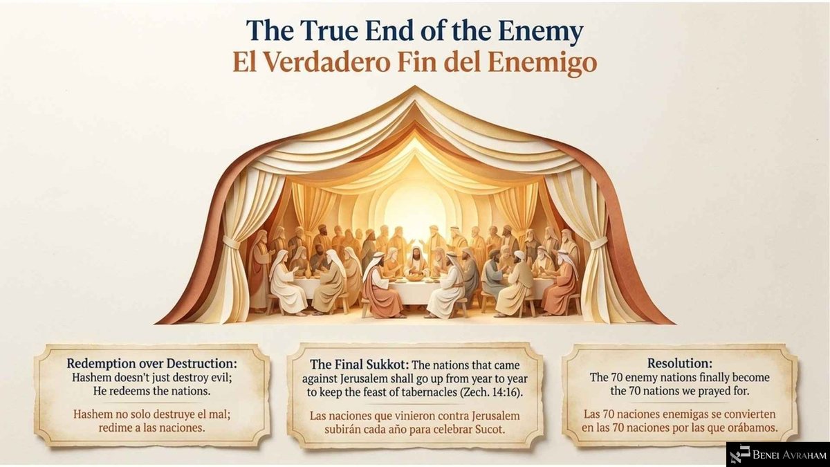 "The True End of the Enemy": a glowing paper-cut tent shelters a long feast table where people of many nations eat together. Captions read "Redemption over Destruction," "The Final Sukkot" with Zechariah 14:16 on the nations keeping the feast of tabernacles, and "The 70 enemy nations finally become the 70 nations we prayed for."