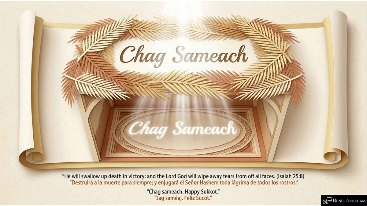 Closing slide: "Chag Sameach" framed by paper-cut palm fronds over a sukkah filled with light, with the verse "He will swallow up death in victory; and the Lord God will wipe away tears from off all faces" (Isaiah 25:8) and the greeting "Chag sameach. Happy Sukkot."