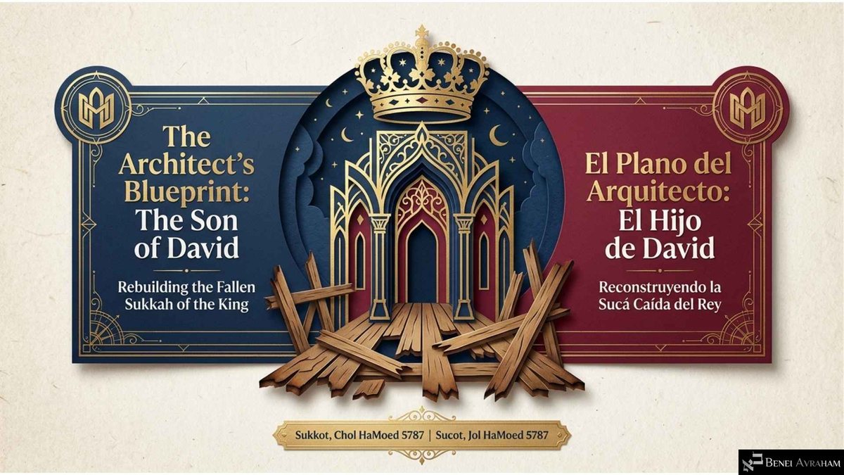 Paper-craft title slide: a gold crown hangs over a Gothic arch rising from broken wooden planks. A navy panel reads "The Architect's Blueprint: The Son of David" and "Rebuilding the Fallen Sukkah of the King," a crimson panel gives the Spanish "El Plano del Arquitecto: El Hijo de David," and a gold banner reads "Sukkot, Chol HaMoed 5787."