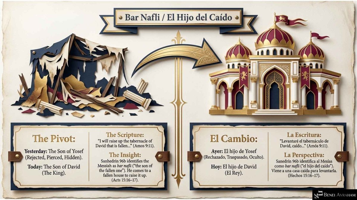 Slide "Bar Nafli / El Hijo del Caído": a gold arrow leads from a collapsed, torn paper sukkah to a restored crimson-and-gold palace. Panels read "Yesterday: The Son of Yosef (Rejected, Pierced, Hidden)" and "Today: The Son of David (The King)," quoting Amos 9:11, "I will raise up the tabernacle of David that is fallen," with Sanhedrin 96b.