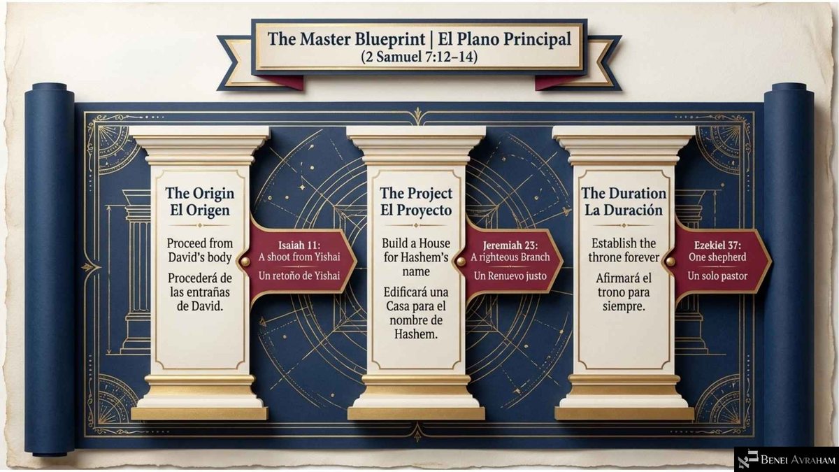 Slide "The Master Blueprint | El Plano Principal (2 Samuel 7:12-14)": three paper pillars on an unrolled navy scroll, labeled "The Origin," "The Project" and "The Duration," each with a red tag: "Isaiah 11: A shoot from Yishai," "Jeremiah 23: A righteous Branch" and "Ezekiel 37: One shepherd."