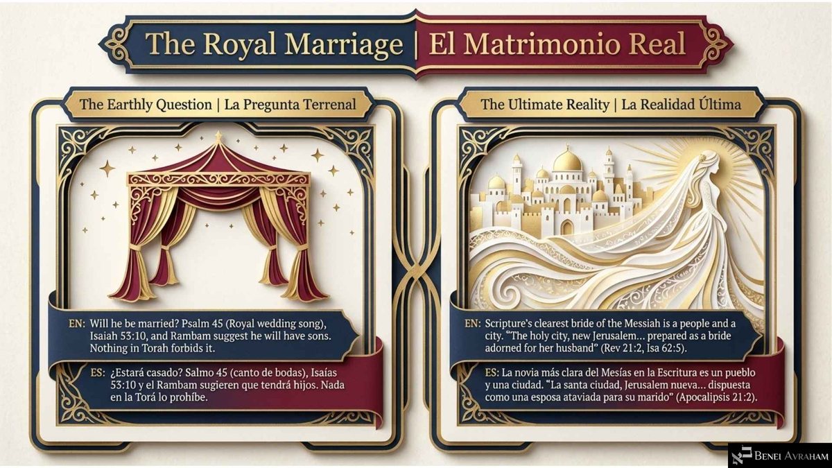 Slide "The Royal Marriage | El Matrimonio Real" with two framed panels. "The Earthly Question" shows a crimson wedding canopy and cites Psalm 45, Isaiah 53:10 and the Rambam. "The Ultimate Reality" shows a paper-cut bride with a flowing veil before a golden Jerusalem: "prepared as a bride adorned for her husband" (Revelation 21:2).
