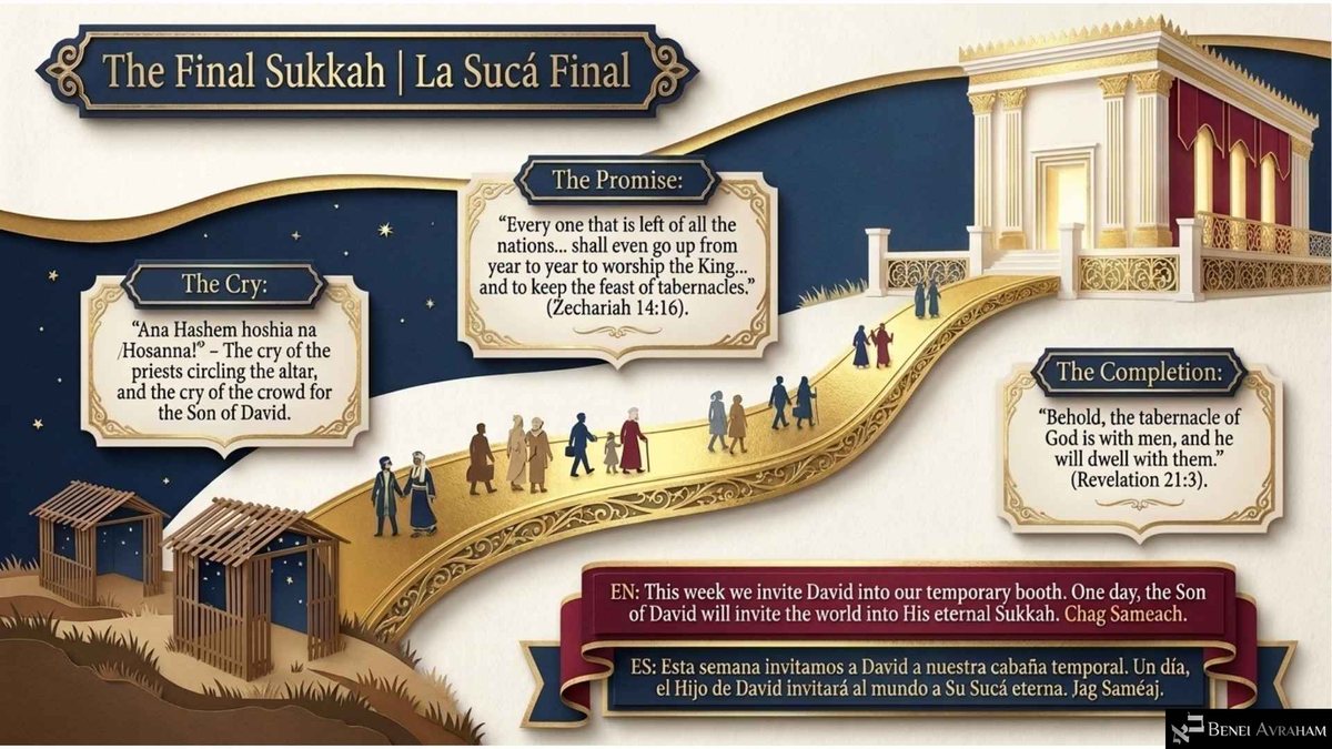 Slide "The Final Sukkah | La Sucá Final": paper figures walk a golden road from small wooden sukkot under the stars up to a gleaming Temple. Cards read "The Cry: Ana Hashem hoshia na / Hosanna!", "The Promise" (Zechariah 14:16) and "The Completion" (Revelation 21:3); a ribbon says the Son of David will invite the world into His eternal Sukkah. "Chag Sameach."