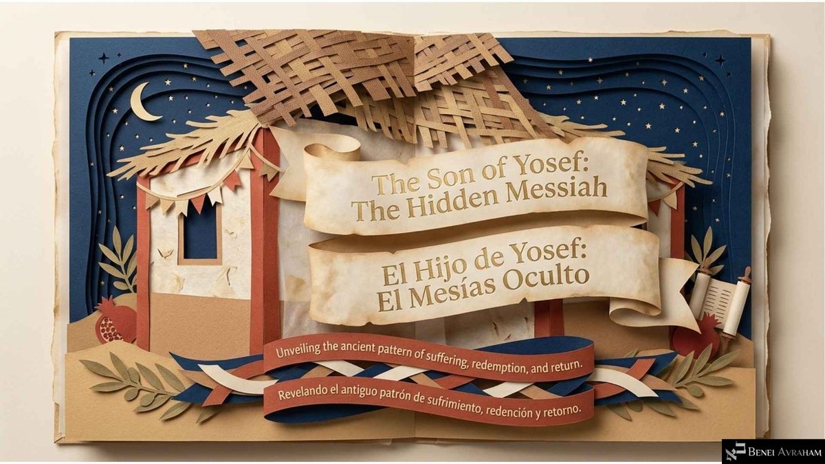 Portada: «The Son of Yosef: The Hidden Messiah» y «El Hijo de Yosef: El Mesías Oculto» en cintas de pergamino ante una sucá de papel con techo tejido, bajo un cielo estrellado con luna creciente. Una cinta inferior dice «Revelando el antiguo patrón de sufrimiento, redención y retorno».