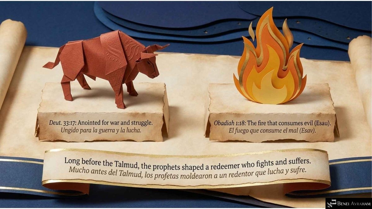 Un buey de origami y una llama de papel sobre bloques de pergamino con los textos «Deut. 33:17: Ungido para la guerra y la lucha» y «Abdías 1:18: El fuego que consume el mal (Esav)». Una cinta abajo dice «Mucho antes del Talmud, los profetas moldearon a un redentor que lucha y sufre».