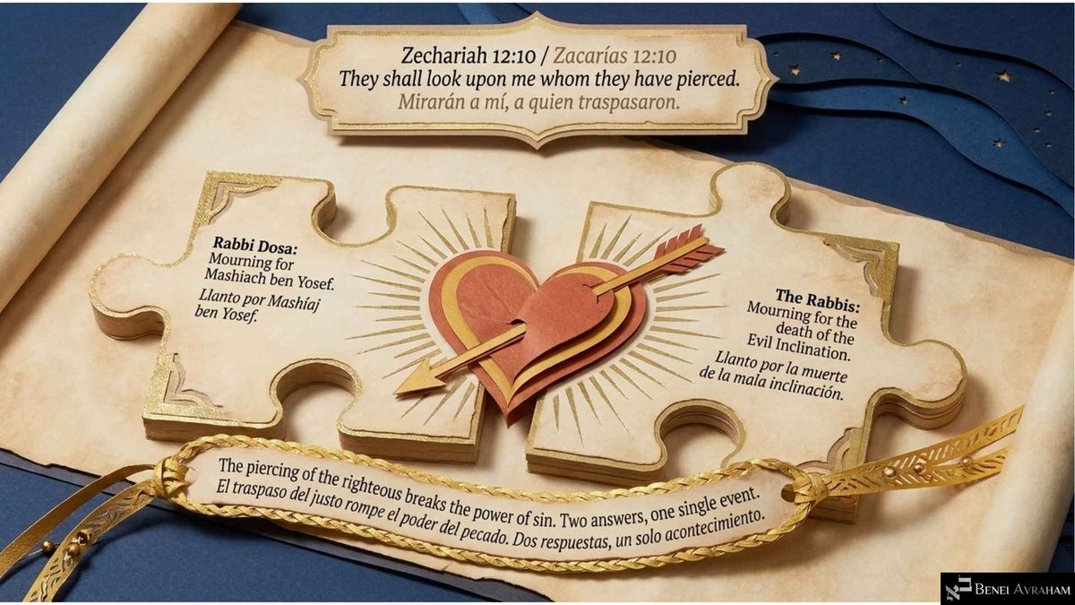 Dos piezas de rompecabezas de pergamino se unen alrededor de un corazón de papel atravesado por una flecha dorada, bajo «Zacarías 12:10: Mirarán a mí, a quien traspasaron». Izquierda: «Rabí Dosa: Llanto por Mashíaj ben Yosef». Derecha: «Los Rabinos: Llanto por la muerte de la mala inclinación». Una cinta trenzada dice «Dos respuestas, un solo acontecimiento».
