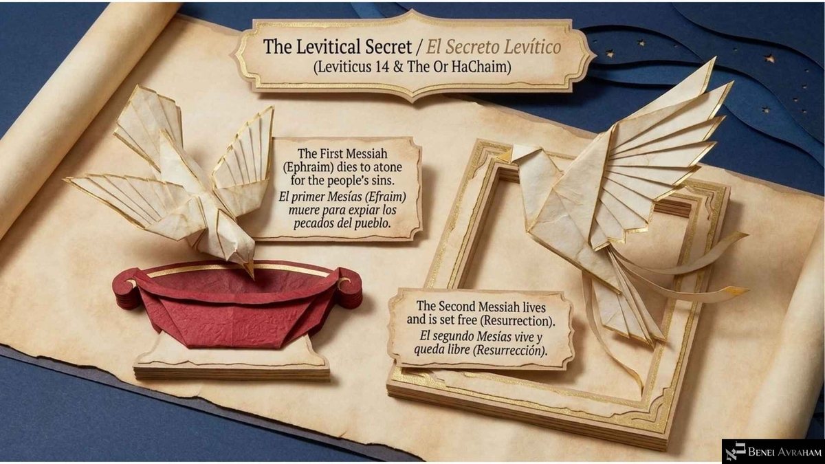 «El Secreto Levítico (Levítico 14 y el Or HaJaim)»: un ave de papel se inclina sobre un cuenco rojo, con el texto «El primer Mesías (Efraim) muere para expiar los pecados del pueblo»; otra ave sale volando de un marco abierto, con «El segundo Mesías vive y queda libre (Resurrección)».