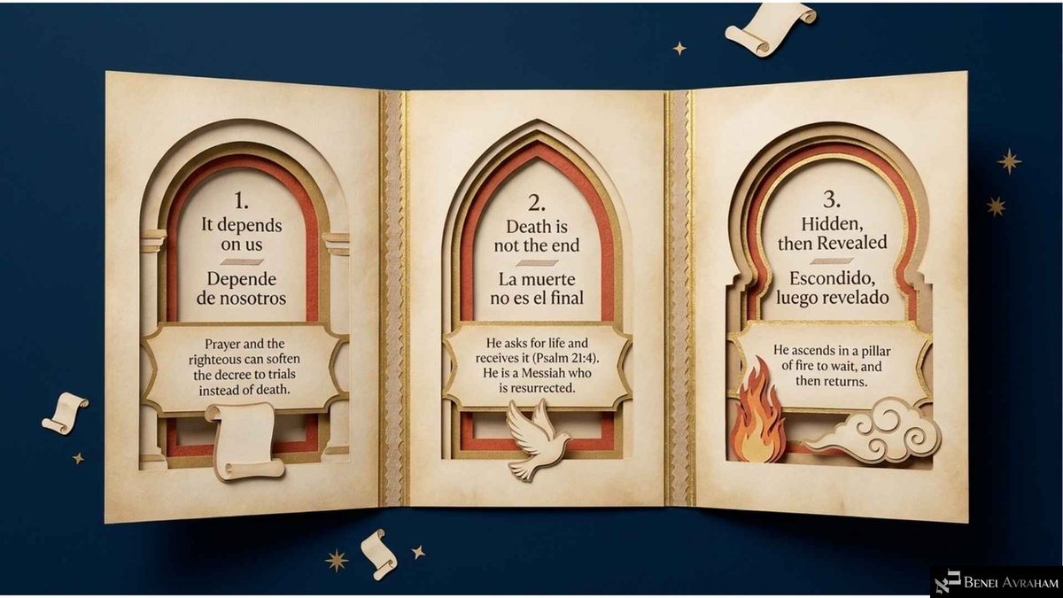 Tríptico de papel con tres ventanas en arco: «1. Depende de nosotros», con «Prayer and the righteous can soften the decree» (la oración y los justos pueden suavizar el decreto); «2. La muerte no es el final», con una paloma; «3. Escondido, luego revelado», con una llama, una nube y «He ascends in a pillar of fire» (asciende en una columna de fuego).