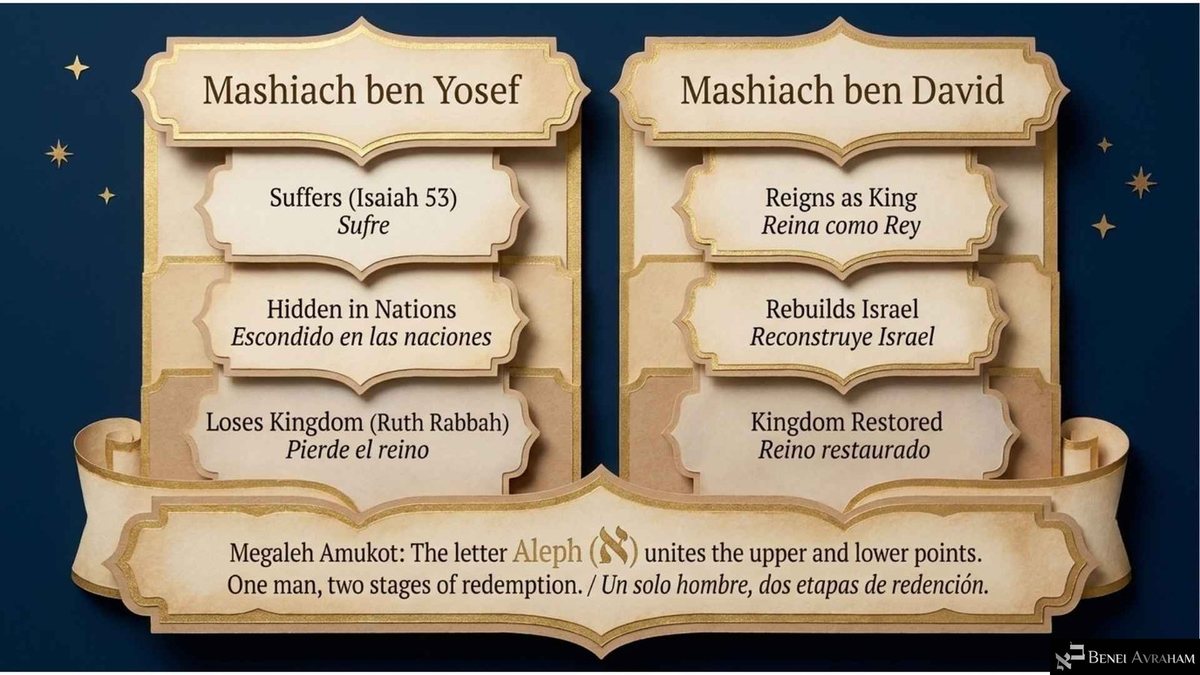 Dos columnas de placas de pergamino: «Mashiach ben Yosef» con «Sufre», «Escondido en las naciones» y «Pierde el reino»; «Mashiach ben David» con «Reina como Rey», «Reconstruye Israel» y «Reino restaurado». Una cinta abajo explica que la letra Álef (א) une los puntos de arriba y de abajo: «Un solo hombre, dos etapas de redención».