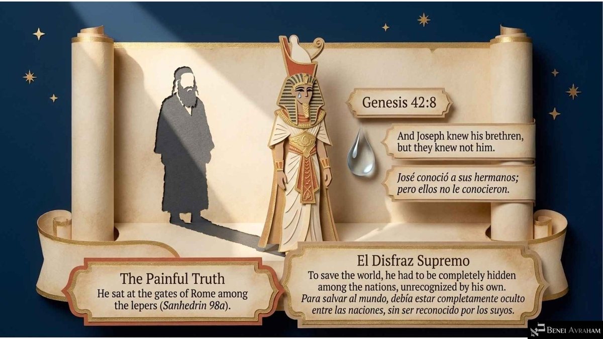 Sobre un rollo abierto, una figura de papel de Yosef vestido de gobernante egipcio, con una lágrima, proyecta la sombra de un judío barbudo. Los textos dicen «Génesis 42:8», «José conoció a sus hermanos; pero ellos no le conocieron» y «El Disfraz Supremo: Para salvar al mundo, debía estar completamente oculto entre las naciones».