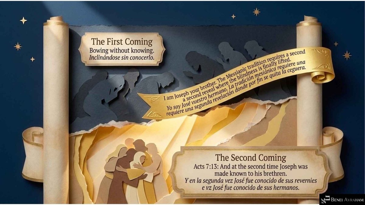 Un rollo partido en dos: arriba, hermanos de papel oscuro se inclinan bajo «The First Coming» (La primera venida): «Inclinándose sin conocerlo»; abajo, figuras se abrazan en luz dorada bajo «The Second Coming» (La segunda venida) y Hechos 7:13. Una cinta dorada dice «Yo soy José vuestro hermano».