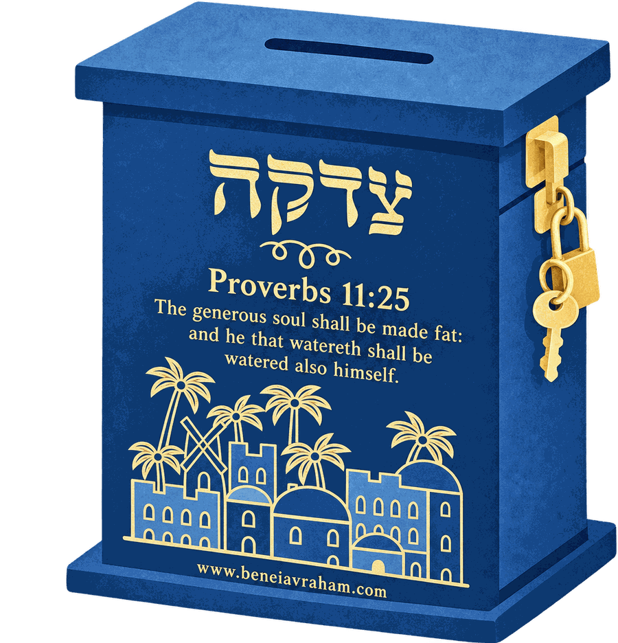 A blue tzedakah box with Hebrew lettering, Proverbs 11:25 (The generous soul shall be made fat: and he that watereth shall be watered also himself) and a gold Jerusalem skyline