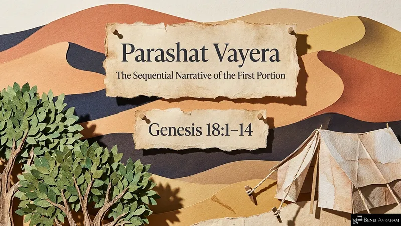 Title slide: Parashat Vayera, the sequential narrative of the first portion, Genesis 18:1–14, with paper-cut trees and Avraham’s tent.