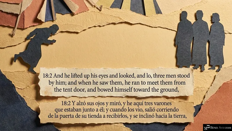 Avraham runs from his tent door to greet three men standing nearby and bows to the ground (Genesis 18:2).