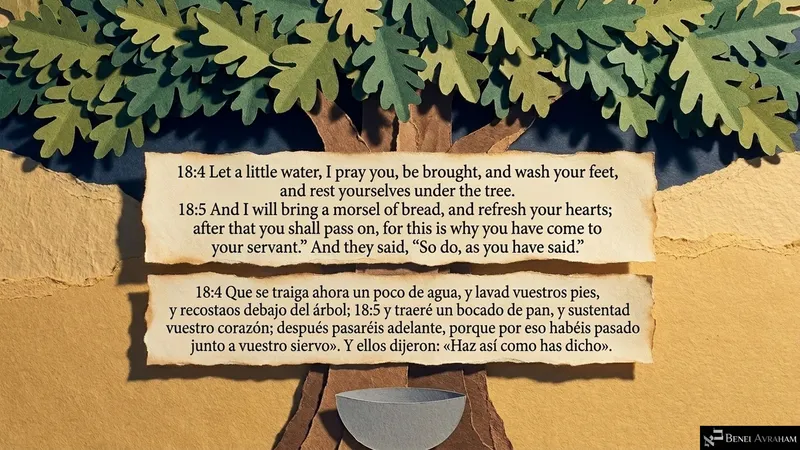 Water to wash their feet and rest under the tree: Avraham invites the guests beneath a great tree (Genesis 18:4–5).