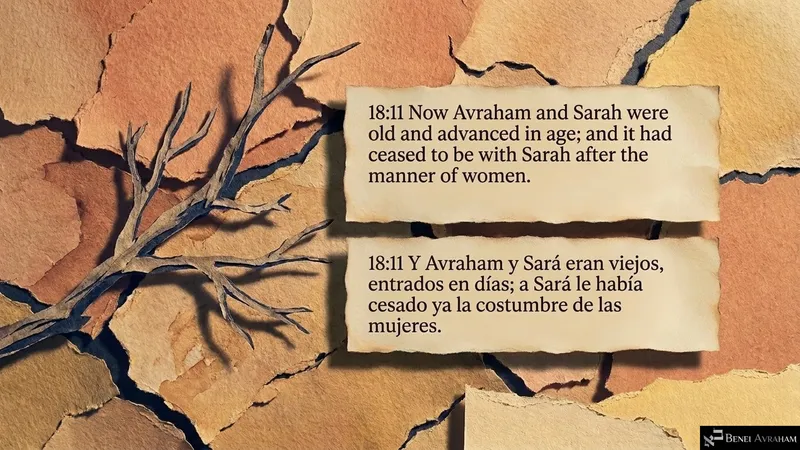 A bare, dry branch over cracked earth shows that Avraham and Sarah were old and advanced in age (Genesis 18:11).