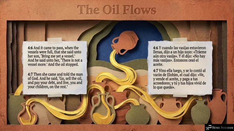 “The Oil Flows”: golden oil pours from one jar into many until no vessel is left; she sells it to pay her debt (2 Kings 4:6–7).