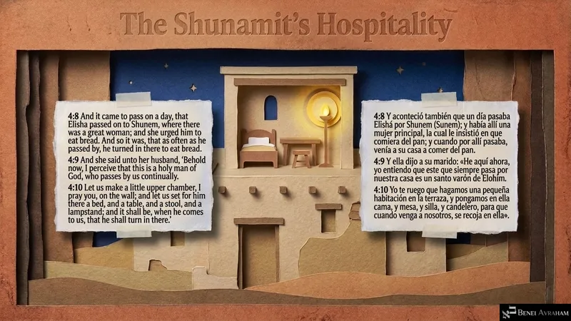 “The Shunamit’s Hospitality”: a lamplit upper chamber with bed, table and stool built for Elisha in Shunem (2 Kings 4:8–10).