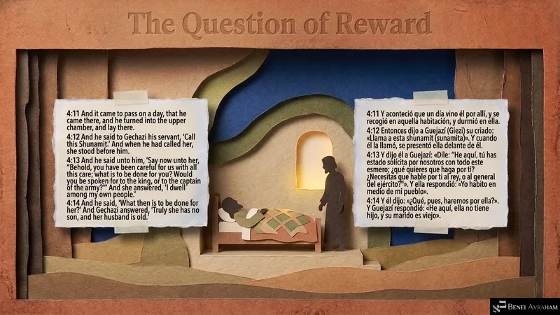 “The Question of Reward”: Elisha asks what can be done for the Shunamit; Geḥazi notes she has no son (2 Kings 4:11–14).