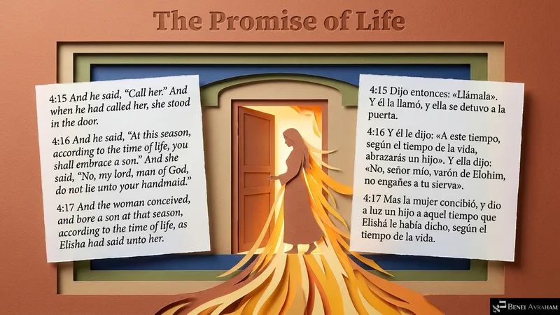 “The Promise of Life”: the Shunamit stands in a glowing doorway as Elisha promises she will embrace a son (2 Kings 4:15–17).