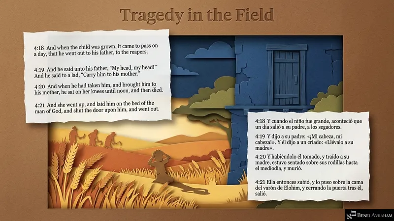 “Tragedy in the Field”: the boy cries “My head, my head!” among the reapers and dies on his mother’s knees (2 Kings 4:18–21).