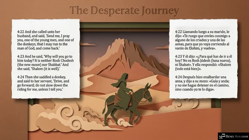 “The Desperate Journey”: the Shunamit rides a donkey toward the mountain to reach the man of God (2 Kings 4:22–24).