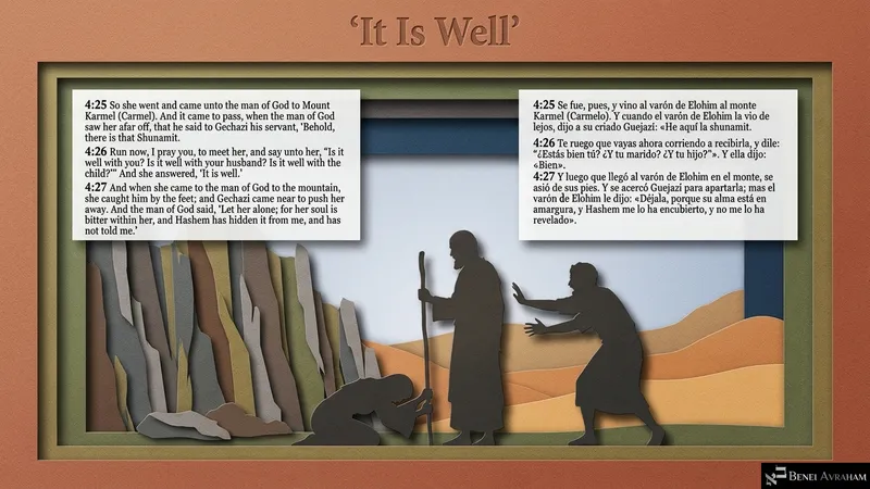 “It Is Well”: the Shunamit falls at Elisha’s feet on Mount Karmel as Geḥazi moves to push her away (2 Kings 4:25–27).