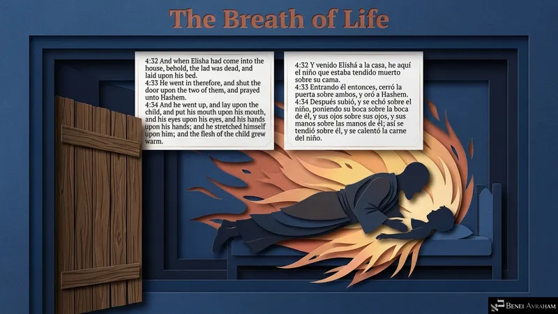 “The Breath of Life”: Elisha prays to Hashem and stretches himself upon the child until his flesh grows warm (2 Kings 4:32–34).